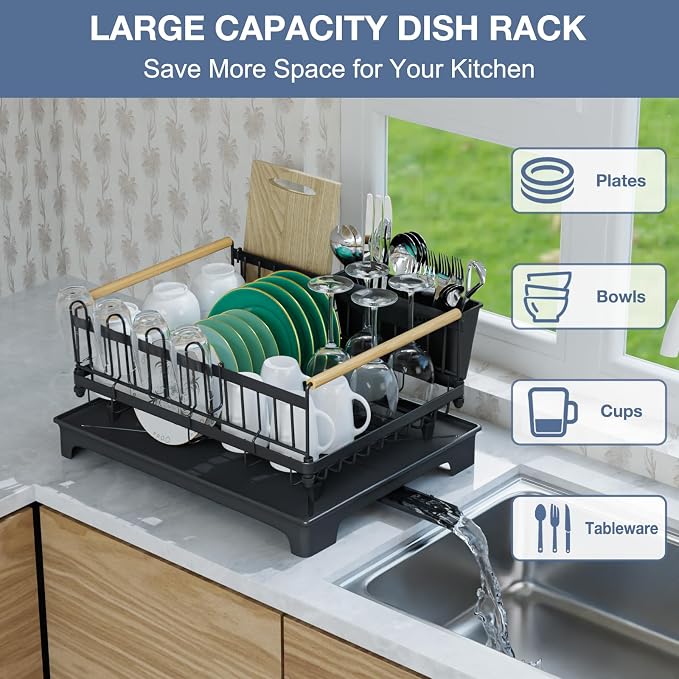 Dish Rack for Kitchen Rustproof Steel Dish Drying Rack for Kitchen Counter Anti-Rust Dish Strainer with Drainboard, Cup Holder, Utensil & Cutting Board Organizer, Heavy Duty Metal | Holds 12 Dishes, Drainboard Set, Cutlery Holder, Rust Resistant, Space...