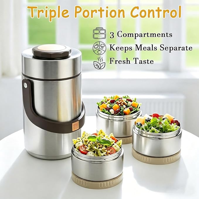 67 oz Stainless Steel Vacuum Insulated Food Jar, 3-Layer Stackable Design | Sealed Leak-Proof Wide Mouth Portable,Suitable for Daily Office Meals and Outdoor Meals (Silver)