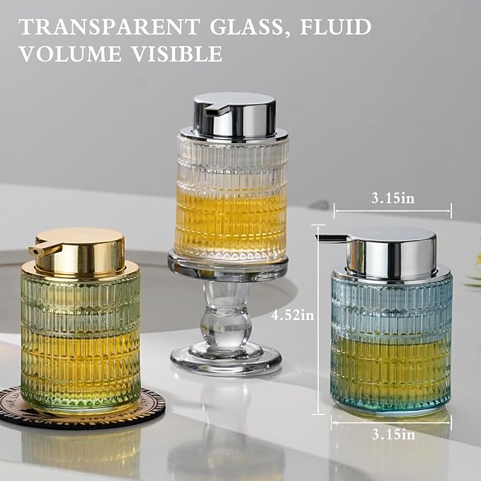 CICUFY Glass Foam Soap Dispenser for Kitchen & Bathroom, Refillable Lotion Dispenser with Large Gold Pump(Striped Pattern-Green)