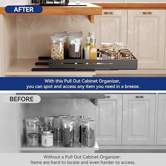Pull out Cabinet Organizer, Full Metal Expandable Width (12.6"-20.8") & Depth (16"-24.4") Adjustable Slide out Drawers, No Drill Adhesive Roll out Shelves for Kitchen Pantry, Black