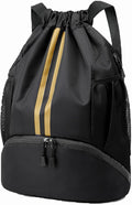 Hoedia Sports Drawstring Backpack - String Swim Gym Bag with Shoes Compartment and Wet Proof Pocket for Women&Men, Black Gold