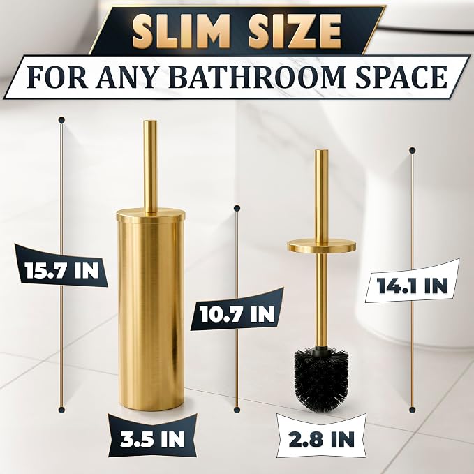 Gold Toilet Brush and Holder Set - Brushed Stainless Steel Gold Toilet Bowl Brush and Holder with Replaceable Head, Removable Inner Bowl, and Splash Protection - Dense Bristles for Thorough Cleaning