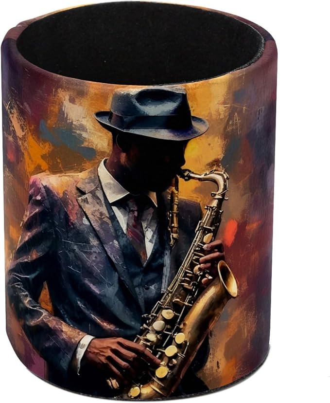 Gentleman Playing the Saxophone Pen Holder Pencil Organizer for Desk, 3.1” x 3.1” x 3.9” Pencil Cup Office Supplies, Large Capacity Cute Pen and Makeup Brush Holder for Home, School, Desktop