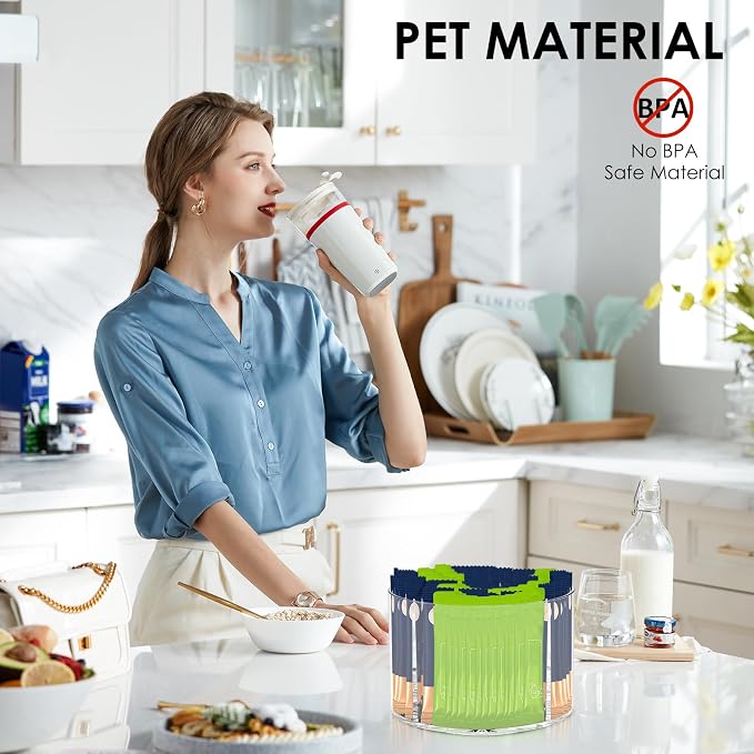 2PCS Rotating Drink Packet Organizer, BPA-Free Clear PET Leakproof Lazy Susan with 4 Compartments, 360° Silent Spinning Storage for Tea/Coffee/Sugar Packets - Pantry/Fridge/Countertop/Office