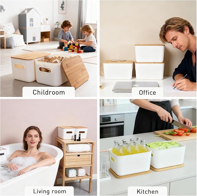 Citylife Storage Bins with Bamboo Lids 7QT Plastic Storage Containers Stackable Organizer Boxes with Handle for Desk Snacks, Toys, 2 PCS, 10" L x 7" W x 5.8" H