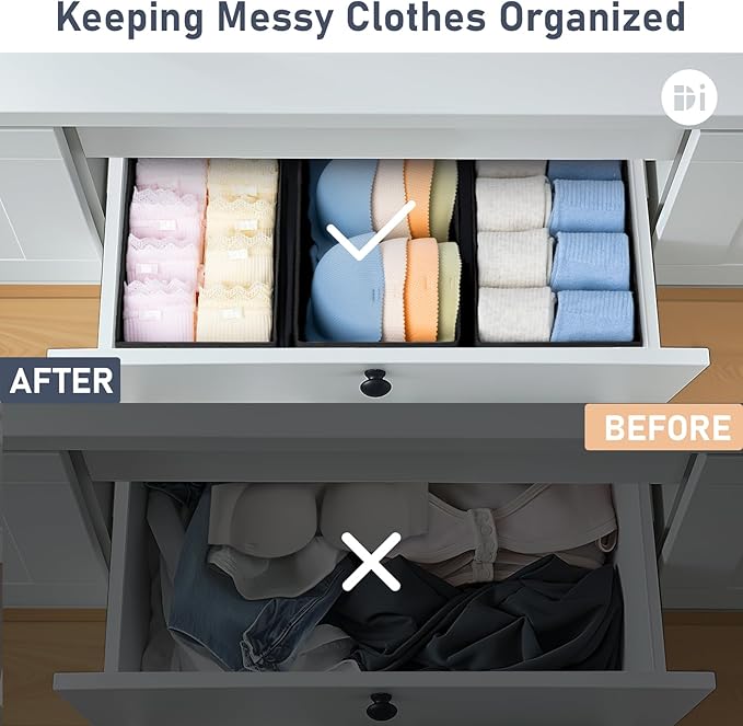 DIMJ Drawer Organizer Clothes - Underwear Organizer Small Closet and Storage Box Dresser Organizer,Drawer Dividers for Baby Clothes,Bra,Socks, Belt, Tie, Set of 6,Black