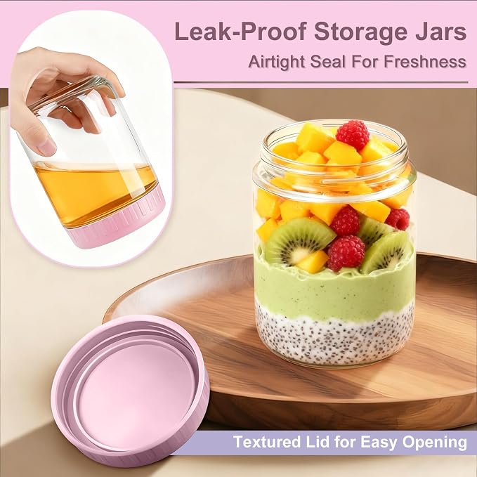 Overnight Oats Containers with Lids, 16oz Wide Mouth Mason Jars with Lids, 6 Pack Glass Jars with Airtight lid for Chia Pudding Yogurt Salad, Meal Prer Oatmeal Jars, Pink