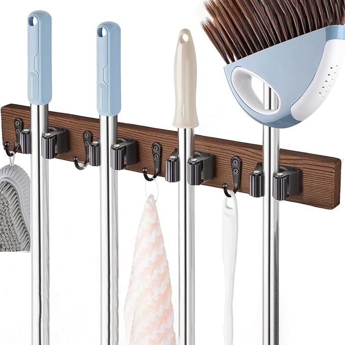 Left Pull Out Broom Holder Wall Mount, Broom and Mop Organizer Wall Hanging for Garage Garden Organize, Rustic Wood Broom Hanger with 4 Slots and 4 Hooks for Home Décor, Kitchen and Closet