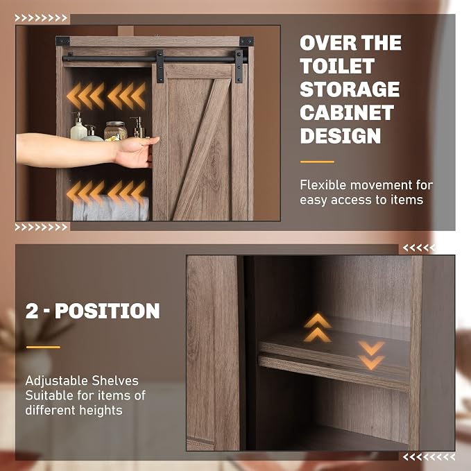 Over Toilet Storage Cabinet with Barn Door & Adjustable Shelves | 24 Inch Wide Bathroom Organizer, Space-Saving, Sturdy Wood, Anti-Tipping, Easy Assembly, for Restroom, Laundry, Small Spaces