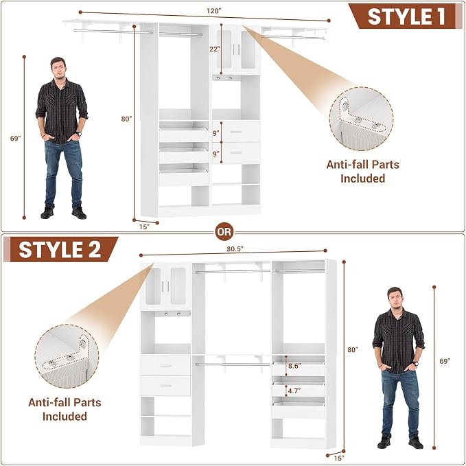 6.7FT-10FT Closet System Set with Half-Open Drawers, 80.5''-120" Wooden Modular Wardrobe Set with Shelving Towers, 80'' Height Closet Organizer with Hanging Rods and 2 Big Wing Shelves, White
