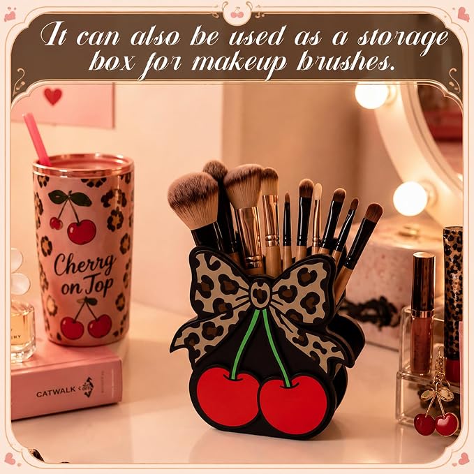 Tenceur Cherry Leopard Bow Pencil Holder for Desk Large Capacity Bow Wood Pen Holder Coquette Desk Organizer Cute Teacher Office Decor Makeup Brush School Supplies Back to School Gift for Girls Women