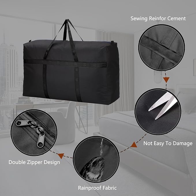 160L Extra Large Moving Bags with Strong Zippers & Carrying Handles, Storage Bags Storage Totes for Clothes, Moving Supplies, Space Saving Storage Bag Organizer for Moving, Traveling (Black-160L)