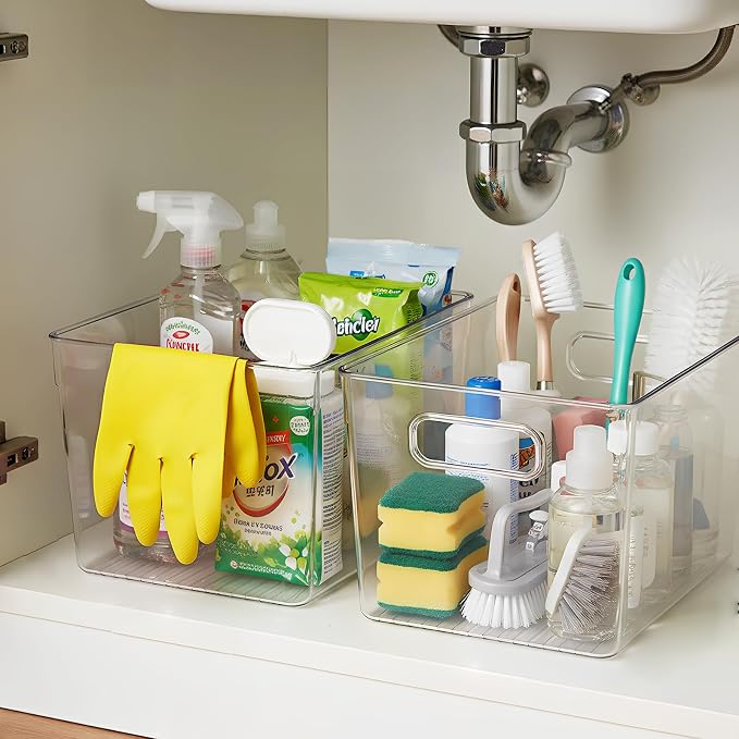 Clear Fridge Organizer Bins with Handles, 4 Pack Large 11.5×7.5×6 Inch | Clear pantry food storage bins with handles, ideal for kitchen, countertops, cabinets, fridge and freezer