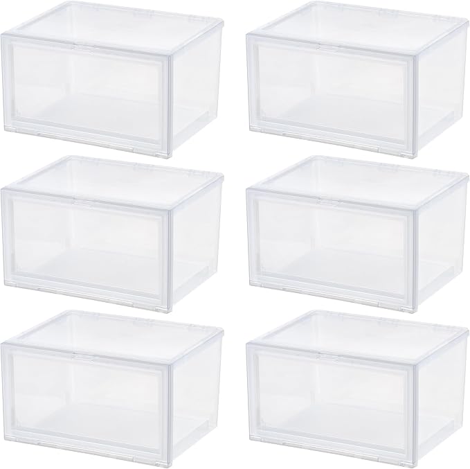 IRIS USA 6-Pack, Stackable Shoe Display Box with Flip Door, Clear | Protect footwear with stackable storage and easy access design for closets, entryways, and under bed spaces