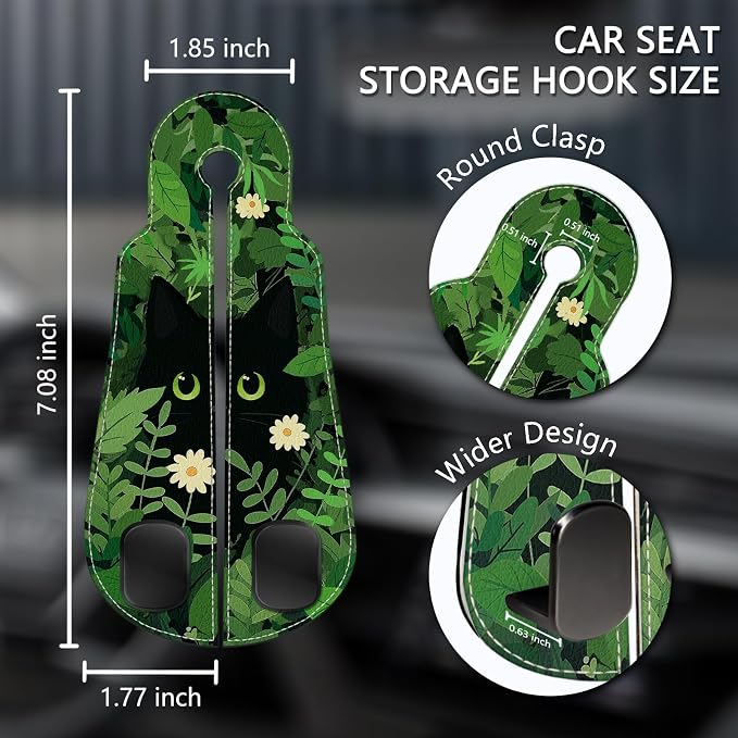 Blusabaca 2PCS Car Seat Headrest Hooks, Purses Bags Holder, Black Cat | PU Leather, Double Metal Back Storage Hangers for Grocery Bags Handbags Bottles Coats Phones, Car Accessories Organization