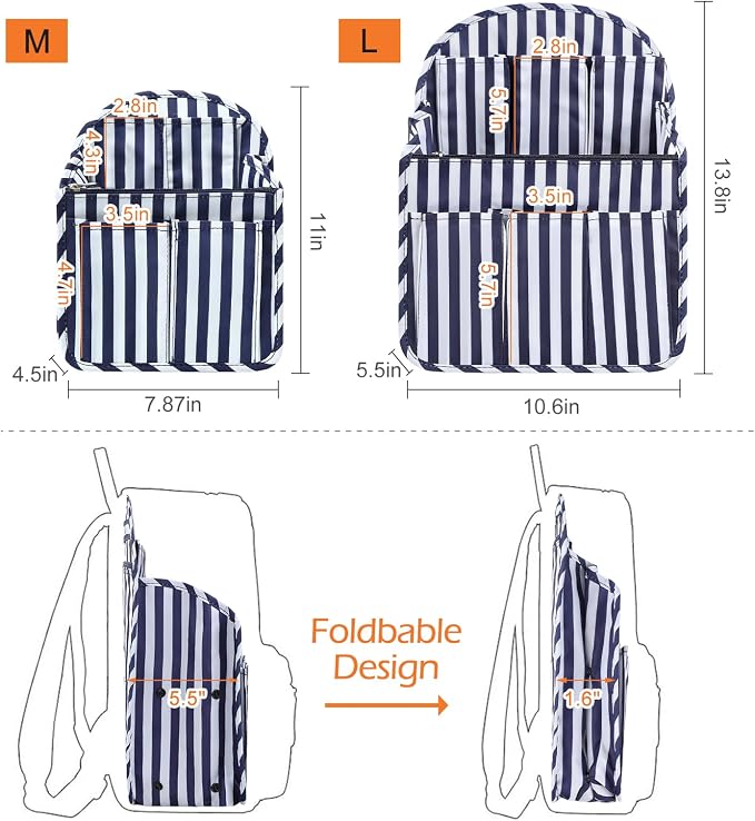 Surblue Backpack Organizer Insert Liner Hanging Travel Rucksack Purse and Handbag Insert Pocket, High-capacity Divider Foldable Nylon Shoulder Bag Organizer for Men and Women, (NavyStripes, L)