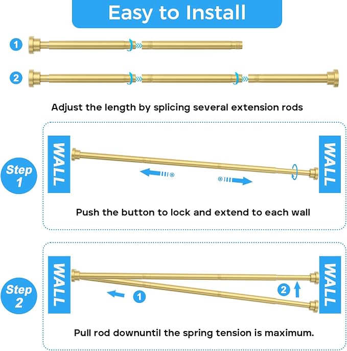 Shower Curtain Rod 31-76 Inch,7/8"Diameter Adjustable Spring Tension Curtain Rods No Drill,Warm Gold Shower Tension Rod for Bathroom,Room Divider,Window,Anti-Rust Non-Slip 1-Pack