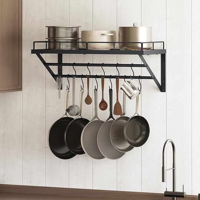 YATINEY Wall Mounted Pot Rack, 23.8 Inch Pot and Pan Organizer with 2 Tier Hanging Rails, 12 S-Hooks, Metal Pot Rack for Kitchen Cookware Organizer, Space Saving, for Kitchen Utensils, Black PR01BK