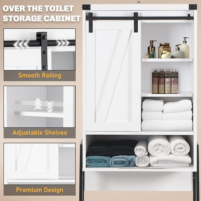 Over Toilet Storage Cabinet with Barn Door & Adjustable Shelves | 24 Inch Wide Bathroom Organizer, Space-Saving, Sturdy Wood, Anti-Tipping, Easy Assembly, for Restroom, Laundry, Small Spaces