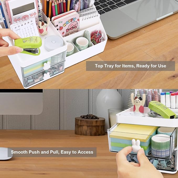 Meiikun Desk Organizer, Makeup Organizer with 2 Drawer, 7 Compartment & a Top Tray, Desktop Organizers and Storage for Women, Cute Home organization Bathroom, 11" x 5.7" x 4.7" (White)
