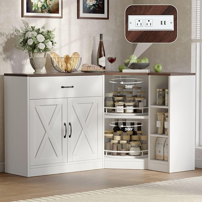 Loomie Corner Cabinet w/Charging Station, Kitchen Pantry Cabinet w/2 Tier Lazy Susan Turntable, Farmhouse Food Pantry w/Drawer & Doors & Adjustable Shelf, L-Shaped Sideboard for Dining Room (White)