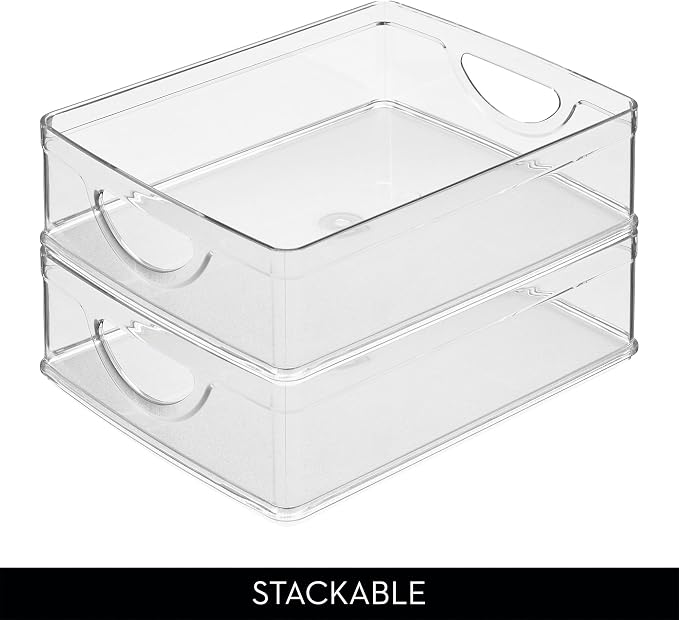 iDesign Plastic Stackable Pantry Bin, Clear | Storage Bin with Handles, For Cabinets or Fridge