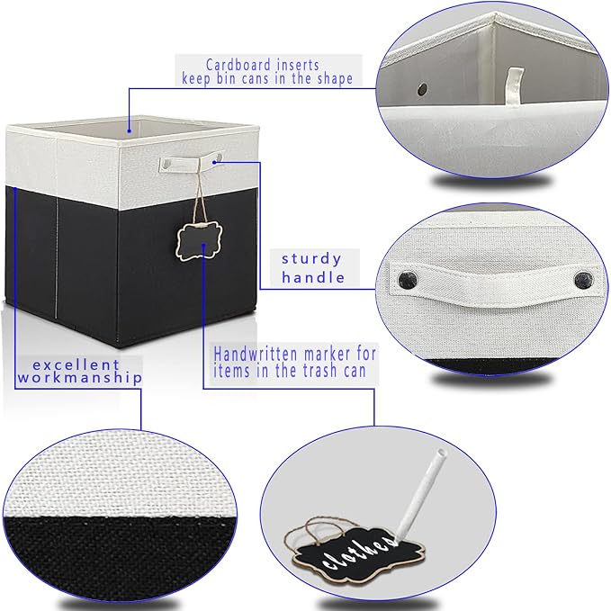 11 cube storage bins,Set of 4 Collapsible Fabric Storage Cubes with Labels,Linen Cube Storage Organizer Bins Kallax Storage Cubes for Organizing Office,Shelves,Nursery Toys,Clothes(White Black).