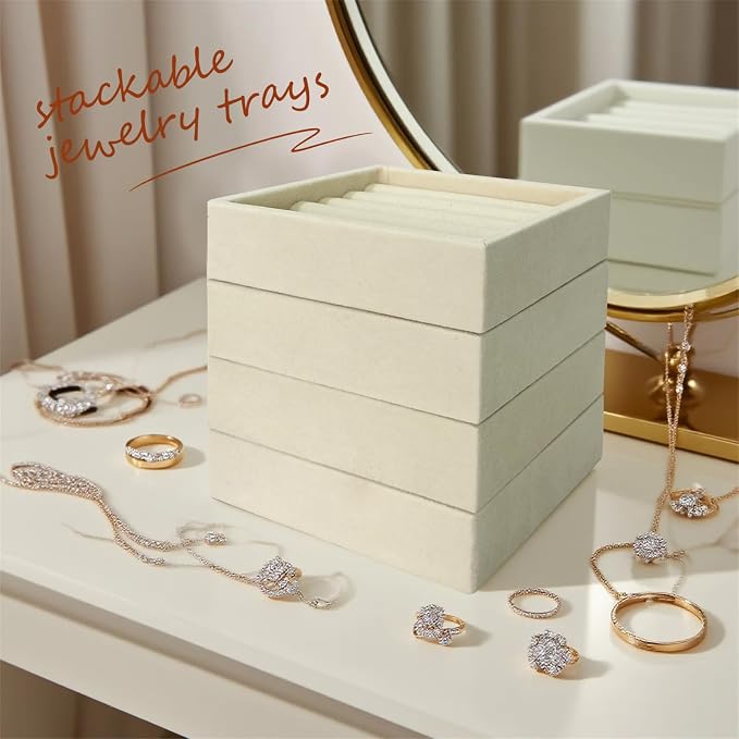 SCIKHETF Velvet Ring Earrings Studs organizer Tray Small Ring Insert Display Tray 5 Slots Stackable (Beige)