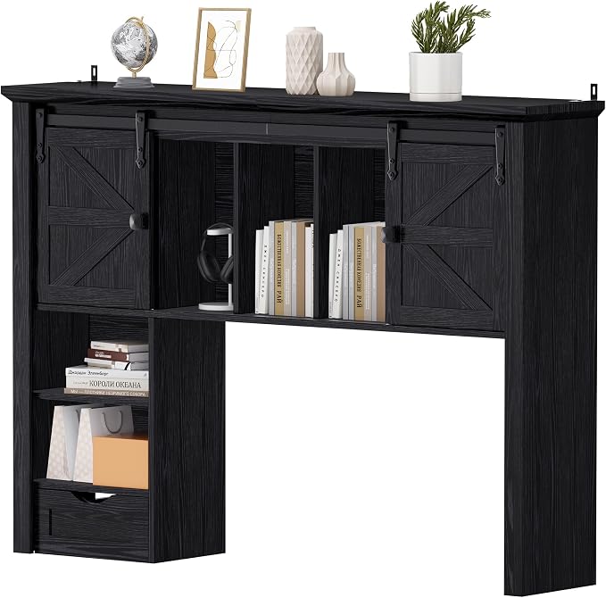 Large Desktop Bookshelf with Sliding Barn Door, 47.2''W Desk Shelf Display Rack, Desktop Organizer Storage Rack with 7 Cubbies and Drawer, Home, Desk Shelf for Office, Dorm, Vanity, Black