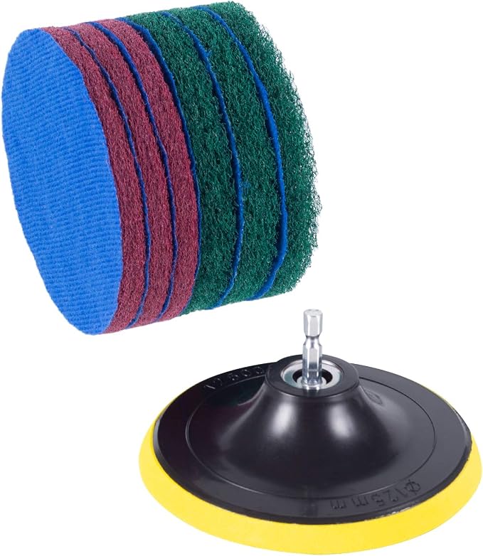 Kichwit 5 Inch Drill Powered Brush Tile Scrubber Scouring Pads | 2 Different Stiffness, 5" Pad Holder with 6 Scrubbing Pads, Cleans Large Flat Areas Perfectly (Drill NOT Included)