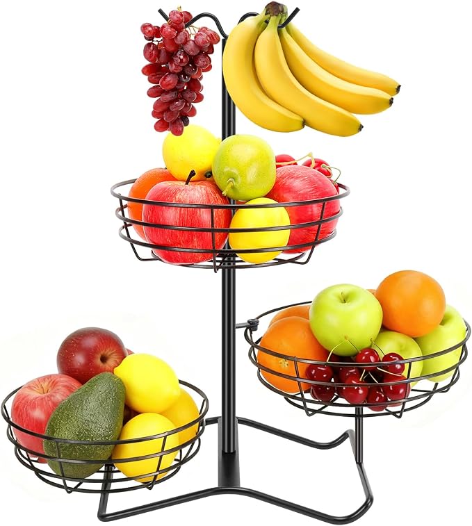 3 Tier Fruit Basket Bowl with 2 Banana Hooks, Solid Metal Standing Vegetable Storage for Kitchen Counter, Large Capacity Organizer for Bread Snack Produce (Black)
