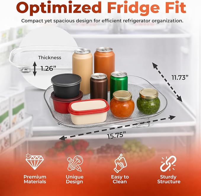Oizeir Refrigerator Lazy Susan (2PK) - Clear Rectangular Fridge Organizer - Turntable Tray Lazy Susan for Refrigerator - Cabinet & Pantry Organizer - Smooth 360° Rotating Swivel Spinning Fridge Shelf