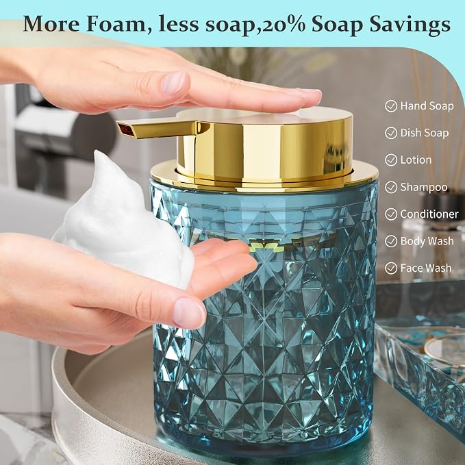 Glass Bathroom Accessories Set 5Pcs Crystal - Foaming Soap Dispenser, Soap Dish, Cup, Acrylic Toothbrush Holder with Tray Organizer, Qtip Jar, Bathroom Counter Set Sink Decor (Teal)
