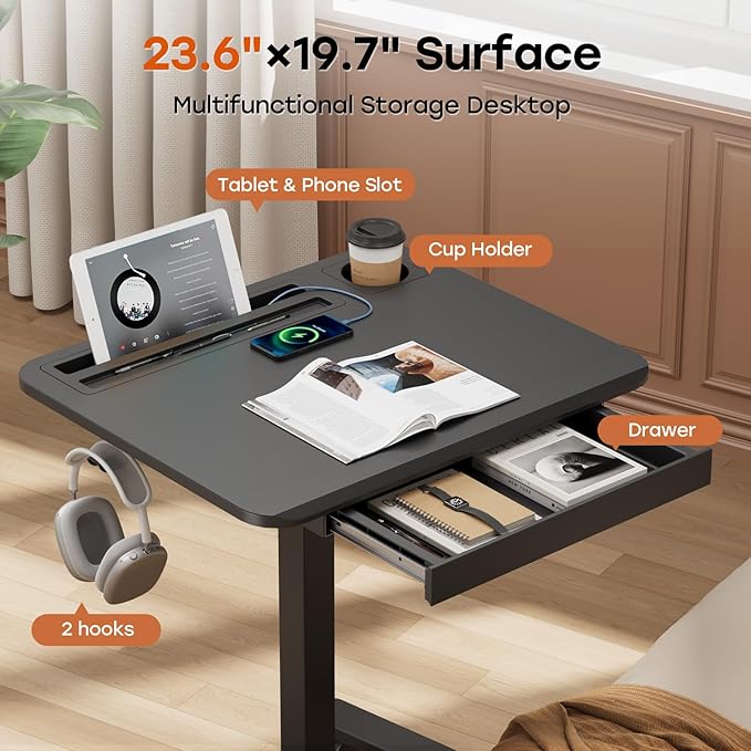 Small Mobile Standing Desk with Drawer, 23.6" x 19.7" Top | Height Adjustable Rolling Teacher Desk with Cup Holder and Hooks, Portable Workstation on Wheels for Classroom & Study, Black