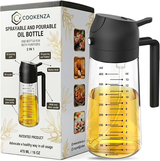 COOKENZA- 16oz/470ml Glass Olive Oil Sprayer for Cooking - 2 in 1 Oil Dispenser & Mister for Air Fryer, Salad & BBQ - Refillable, Food Grade - Black
