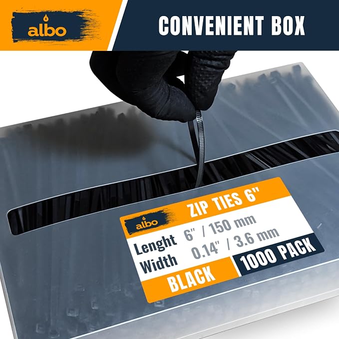 ALBO Zip Ties Black 6 Inch 1000 Pack 40 lb, Long Plastic Cable Ties Thick 0.14 Inch Tie Wraps Heavy Duty UV Resistant Nylon Wire Ties for Indoor and Outdoor
