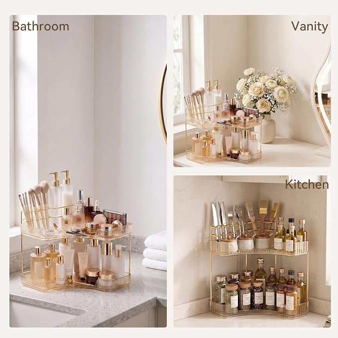 2-Tier Corner Bathroom Counter Organizer with Makeup Brush Holder, Gold | Large Makeup Organizers for Vanity, Corner Bathroom Countertop Organizer for Cosmetic Perfume Skincare Storage