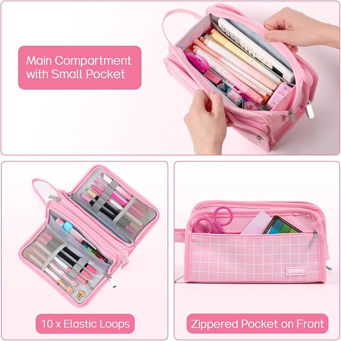 Sooez Large Pencil Case, Big Capacity Pencil Pouch Pen Bag with 3 Compartment, Portable Canvas Stationery Organizer with Zipper, Cute Aesthetic School Supplies for Teen Girls, Celadon