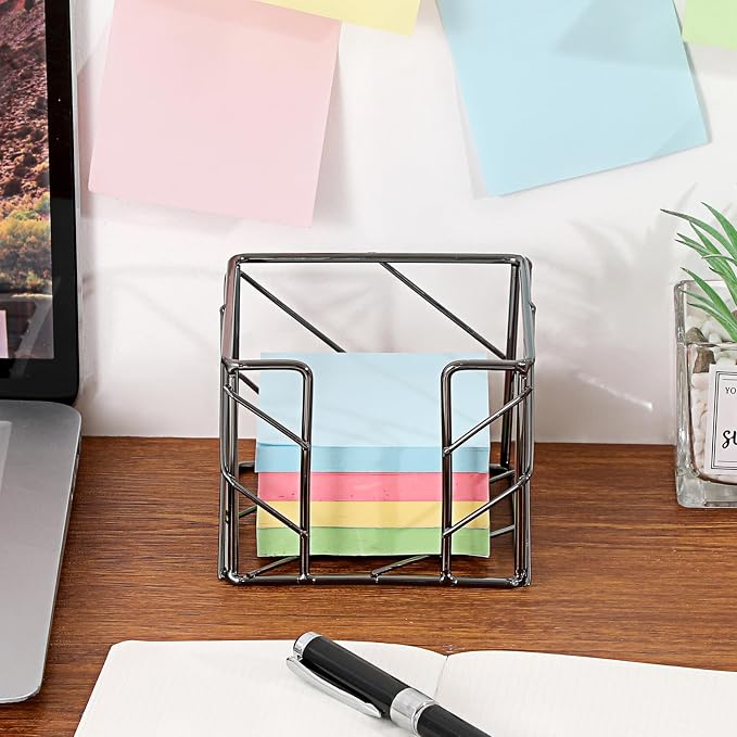 BTSKY Metal Sticky Note Holder, 3x3 Inch Post It Note Dispenser, Modern Memo Cube Holder Desk Organizer for Office & Home, Iron Sturdy Desktop Sticky Note Storage, Black