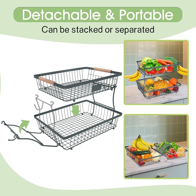 Fruit Basket Bowl 2 Tier Detachable with 2 Banana Hangers, Fruit Stand Holder for Kitchen Countertop, Metal Wire Vegetable Storage Organizer, for Bread Snack Veggies Produce, gray