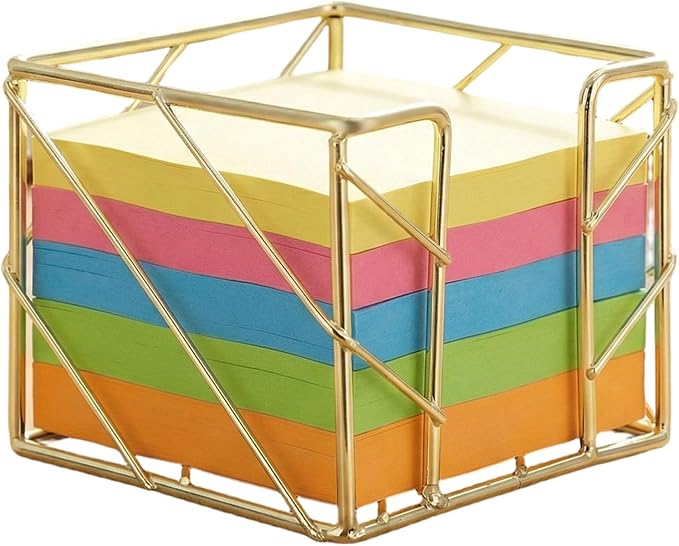 Sticky Note Holder 3.8x3.8 Inches, Gold Desk Accessories | Functional Stylish Metal Notepads Memo Sticky Note Dispenser, Mesh Cube Gold Desk Organizer for Home School Office Supplies
