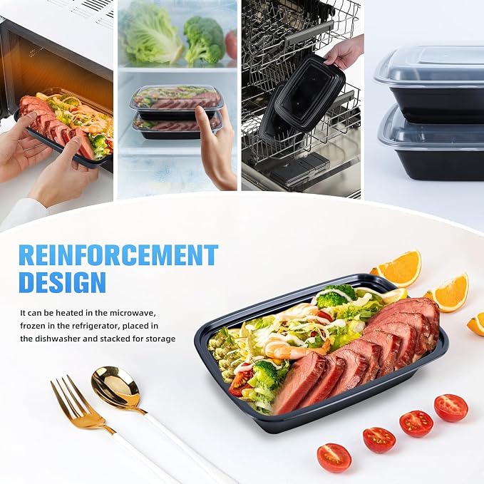 28oz Rectangle Meal Prep Containers with Lids, 50 Pack | BPA-Free Leakproof Reusable Plastic Food Storage, Microwave Safe Stackable Takeout Boxes for Hot Food