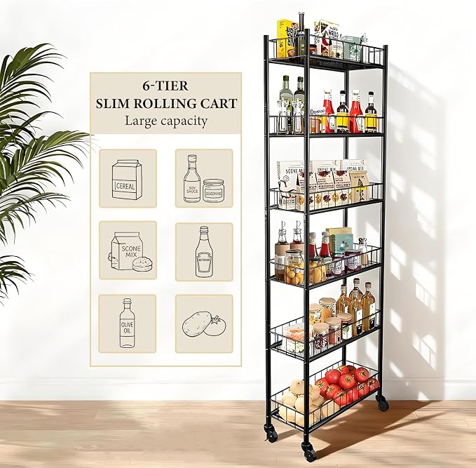 Utility Slim Storage Cart 6 Tier Narrow Metal Frame Carts | 6 Tier Narrow Kitchen Storage Cart,Laundry Room Carts, for Kitchen,DiningRoom,Living Room,Home Office,Classic Black
