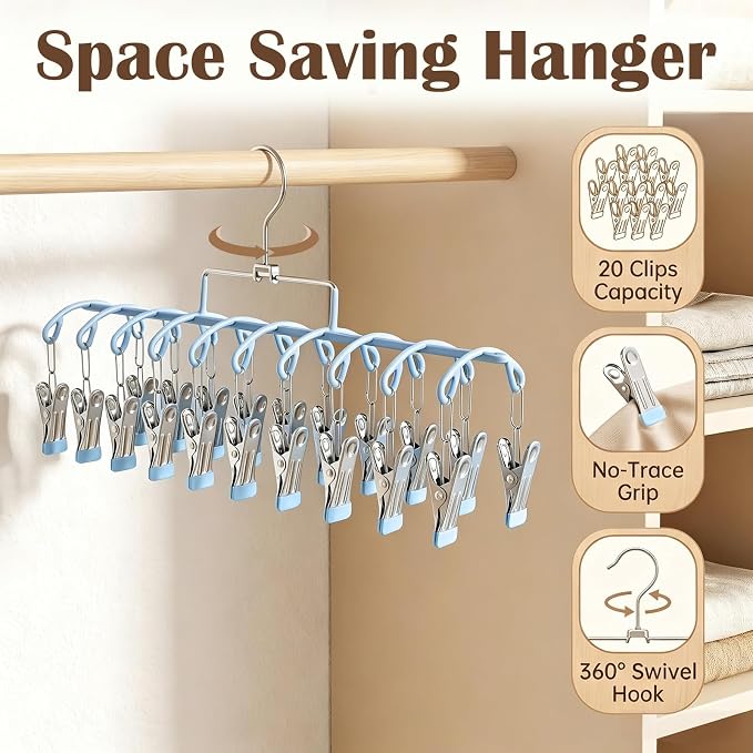 Pants Hangers with 20 Clips, Space Saving Hanging Closet Organizer (Blue) | 360°swivel & non-slip rustproof clips, multi-functional organizer holds leggings, skirts, hats, socks, scarves and lingerie