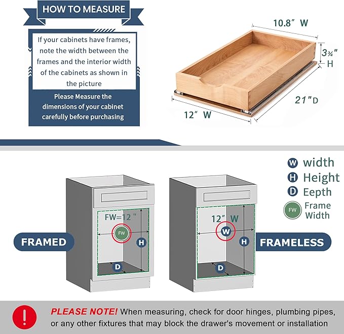 Pull Out Cabinet Drawers - 6x2 Size Options (12-23'W,18-21'D), Pre-Assembled with Soft Close Slides, Solid Beechwood, Easy Installation(12'W x 21'D)