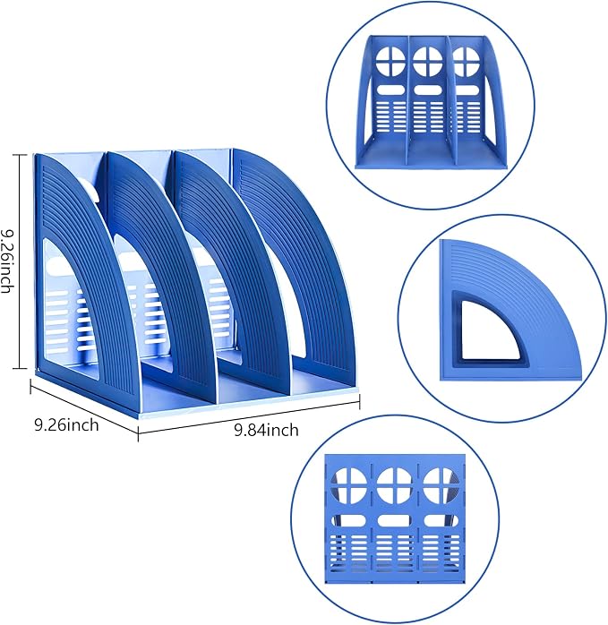Marte Vanci Magazine File Holder Book Desktop Organizer Plastic Storage Sturdy Vertical 3 Section Folder Blue