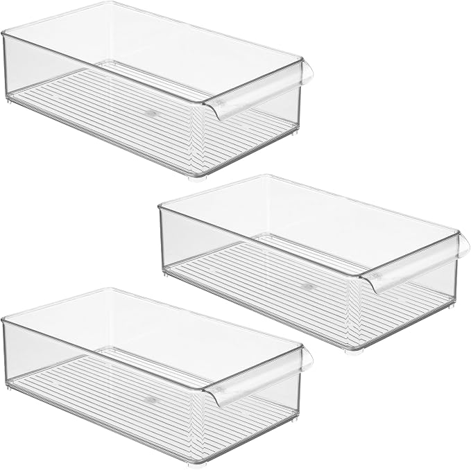 iDesign Large Stackable Fridge or Freezer Bin, Clear, Set of 3 | Front Handle, Made in USA