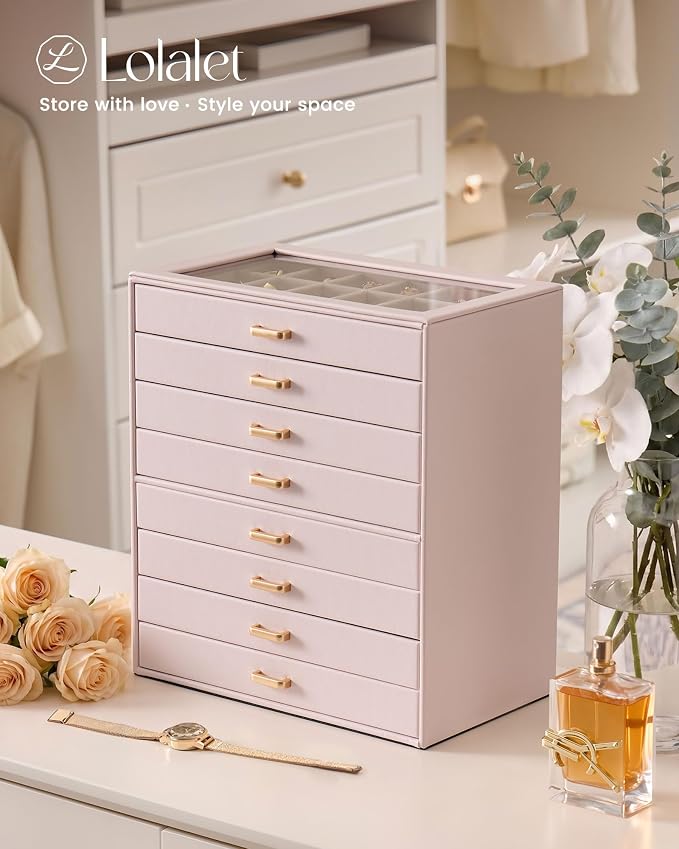 Lolalet Earring Organizer, Jewelry Box with Clear Lid -Pink, 8 Layer | PU Leather, Velvet, Removable Dividers, Dustproof, Easy Clean, For Studs Rings, Gift for Women Girls, Home Aesthetic Decor