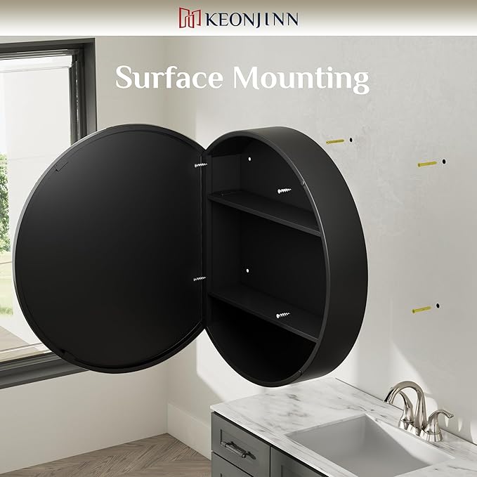 Keonjinn 24" x 24" Round Medicine Cabinet Mirror, Brushed Nickel Mirror Medicine Cabinet Wall Mounted, Circular Medicine Cabinets with Mirrors, Circle Framed Vanity Mirror with Storage