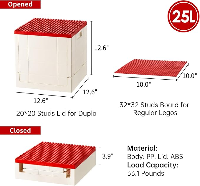 SHIMOYAMA Collapsible Storage Box with Building Baseplate Lid for Duplo Blocks, 26 Qt. Stackable Bricks Storage Bins for MEGA BLOKS, 25L Folding Utility Container for Lego Duplo Bricks, Red